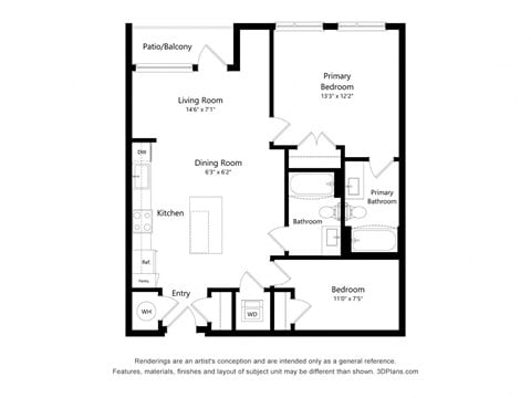 Floor plan for 2 beds, 2 baths, 900 sqft